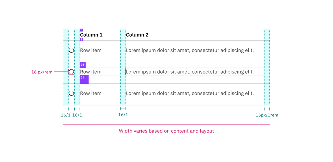 Spacing and measurements for selectable structured list